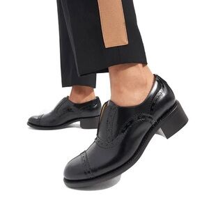 Black Leather Slip-On Brogue Heels for Women